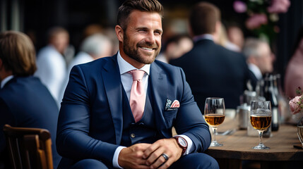 Portrait of a smiling groom sitting at a wedding table in a restaurant. - obrazy, fototapety, plakaty