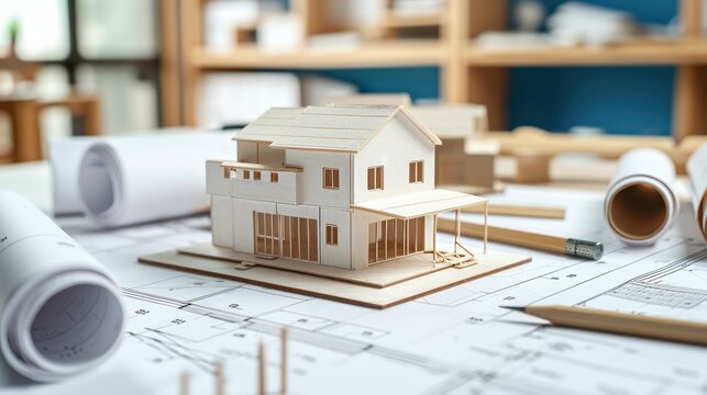 Architectural model of houses on desk with drawing technical tools