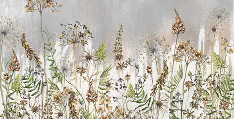 Fragile thin dried flowers on a textured watercolor background, art drawing in beige and gray tones. Wallpaper for the interior.