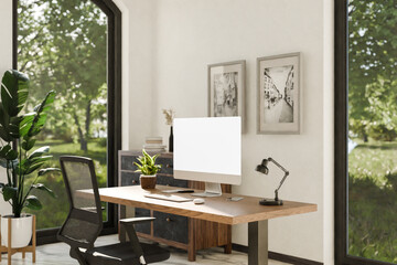 view from angle on modern clean pc workplace; white monitor with copy space; minimalist office background with panoramic view on idyllic garden; digital home office concept; 3D rendering