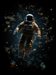 T-shirt design, victorian old photo of astronaut floating in space in earth's orbit near a space capsule created with Generative Ai