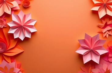 Origami flowers lie on an orange background. Paper flowers. Copy space