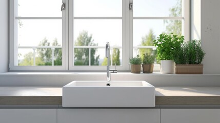 Beautiful white sink near window in modern kitchen