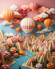 Creative and colourful paper art with lake, clouds, mountain and hot air balloons. Created with generative AI	 - 713564954