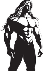 Robust Rapunzel Muscular Bodybuilder Logo Vigorous Verve Icon with Long Haired Muscleman