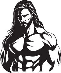 Dynamic Definition Long Haired Bodybuilder Logo Fitness Cascade Vector Icon with Long Haired Model