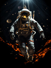 Fototapeta premium T-shirt design, victorian old photo of astronaut floating in space in earth's orbit near a space capsule created with Generative Ai