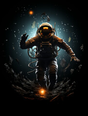 T-shirt design, victorian old photo of astronaut floating in space in earth's orbit near a space capsule created with Generative Ai