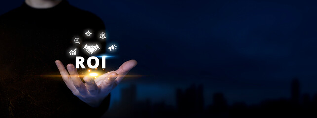 Businessman holding Icon. ROI Return on Investment Finance Profit Success Internet Business Technology Concept. digital background