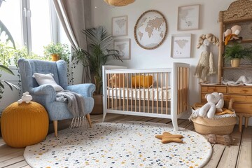 Baby room stylish interior with cute posters, chest of drawers and comfortable crib - obrazy, fototapety, plakaty