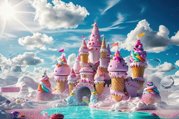 Candy castle, featuring ice cream cone turrets, a frosting covered drawbridge - obrazy, fototapety, plakaty