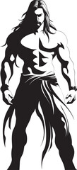 Robust Rapunzel Long Haired Bodybuilder Icon Hair Flip Dominance Vector Logo of Muscular Man