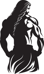 Power Flow Vector Bodybuilder Symbol with Long Hair Vigorous Verve Long Haired Bodybuilder Emblem Design