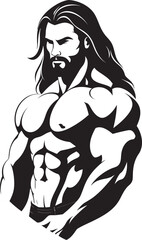 Sculpted Strands Iconic Logo of Muscle Bound Man Power Flow Vector Bodybuilder Symbol with Long Hair