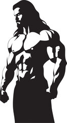 Fit Follicle Force Iconic Logo of Muscular Man Ripped Resilience Long Haired Bodybuilder Vector Emblem