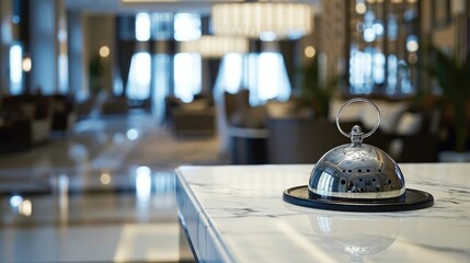 Hotel service bell on a table white glass
