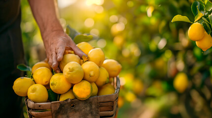 Detalle de las manos de un agricultor que está recolectando limones - obrazy, fototapety, plakaty