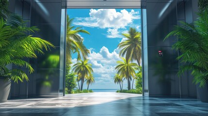 Elevator doors open to reveal a paved road flanked by palm trees on a sunny day