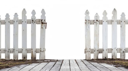 Old white picket fence with gate and wood sidewalk