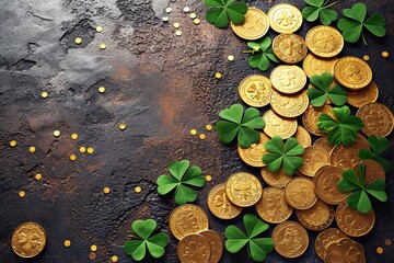 Green leprechaun hat and clover leaves on wooden table, gold lay with space for text. St. Patrick's Day celebration