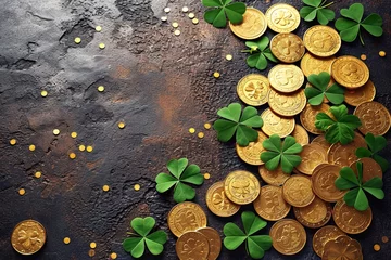 Foto op Plexiglas Green leprechaun hat and clover leaves on wooden table, gold lay with space for text. St. Patrick's Day celebration © Dipankar