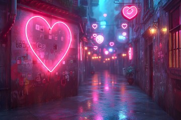 elegant a pattern of neon location signs in pink with a round heart