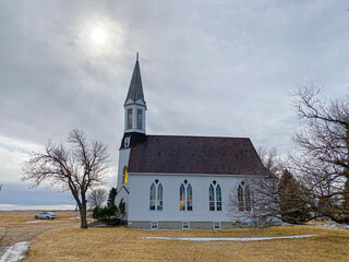 The beautiful stained glass windows of this country church