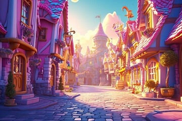Magical castle at sunrise. Pinks, yellows, and blues colors.