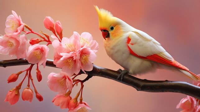 Vibrant Cockatiel Perched on Blossoming Cherry Branch - AI-Generative