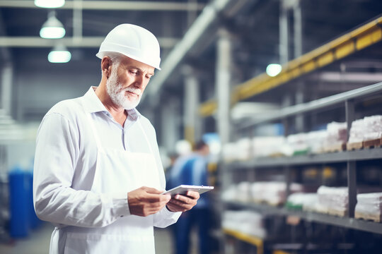 Senior male supervisor using digital tablet in warehouse. This is a freight transportation and distribution warehouse. Industrial and industrial workers concept