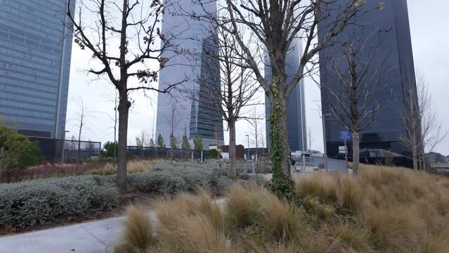 Four office towers in the financial district of the city of Madrid.
