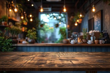 Empty wood table and blurturquoise cafe light background. product display template