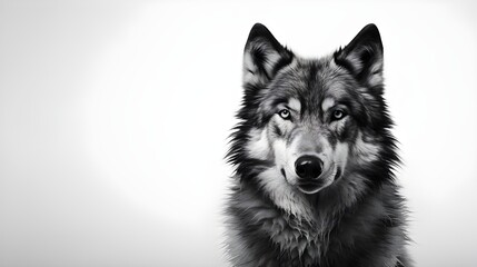 Headshot of a Black and White Wolf on a White Background