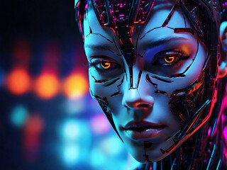 ultra detailed robotic face, neon colors