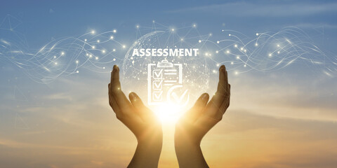 Assessment. Man Holding Global Network and Connecting Data of Assessment with Business on the...