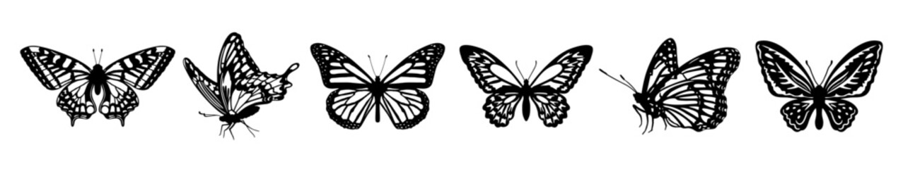 Set of butterflies silhouette isolated. Collection of silhouettes of butterflies