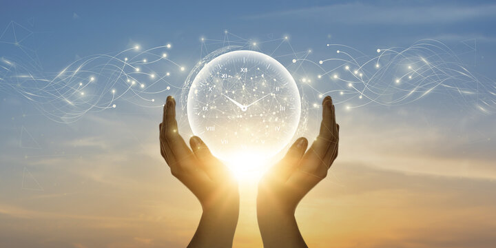 Time Management: Man Holding Global Network and Connecting Data of Time Management with Business on the Internet, Efficiency, Productivity, Strategic Planning.