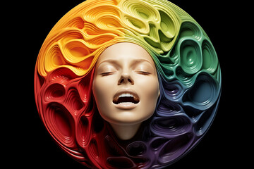 Woman face showcasing a spectrum of emotions arranged in a color wheel, emphasizing the diversity and complexity of feelings - obrazy, fototapety, plakaty