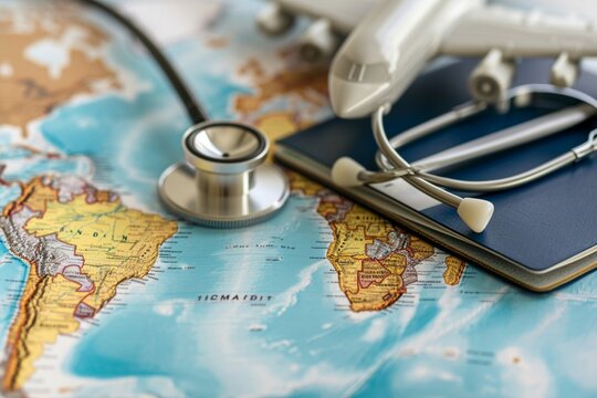 Boarding pass and a passport travel documents with medical stethoscope and airplane on world map background, close-up. Medical travel concept