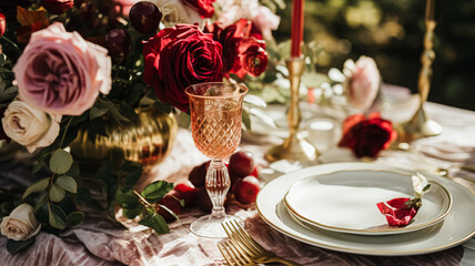 Wedding and event celebration tablescape with flowers, formal dinner table setting with roses and wine, elegant floral table decor for dinner party and holiday decoration, home styling