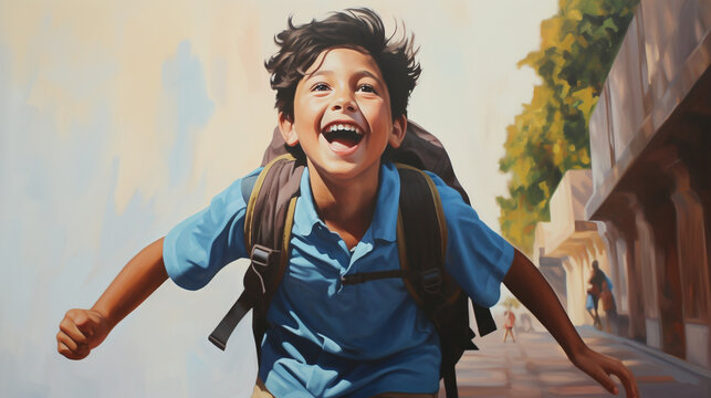 
A heartwarming painting capturing a boy student's exuberance with a backpack.