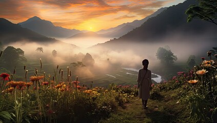 sunrise in the field of flowers