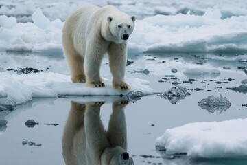 Polar bear standing on melting Arctic ice, symbolizing the impact of climate change on their habitat.