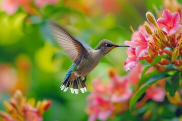 Fototapeta premium Tiny hummingbird hovering near vibrant blossoms, capturing the enchanting beauty of aerial acrobatics.