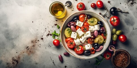minimalistic design Greek salad with fresh vegetables, feta cheese, kalamata olives, dried oregano, red wine vinegar and olive oil. Healthy food