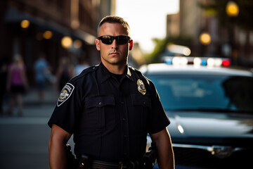 Male security guard in uniform and sunglasses standing on a city street.