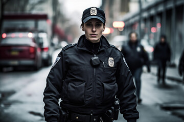 Female security guard or police officer on the streets of big city. Young beautiful woman police officer