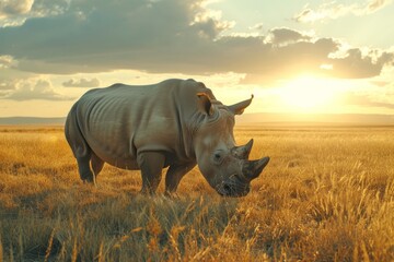 Mighty rhinoceros grazing on sun-drenched grasslands, displaying the strength and grandeur of a majestic herbivore.