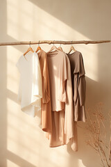 Clothes hanging on rack against beige wall, interior design concept