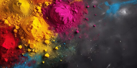 minimalistic design Happy Holi decoration, the indian festival.Top view of colorful holi powder on dark background